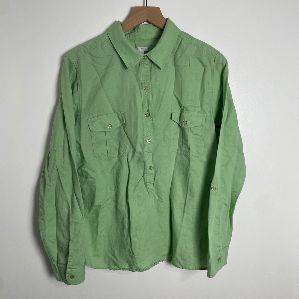 Talbots Button Up Top Women L Green Linen Roll Tab Sleeve Popover Coastal Office